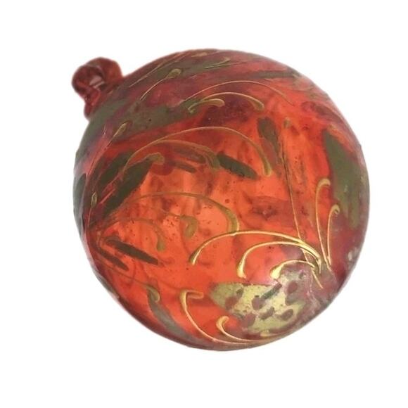 Hand Blown Art Glass Ball Orb 3" Red Ornament Sun Catcher Gold Painted - Picture 2 of 16